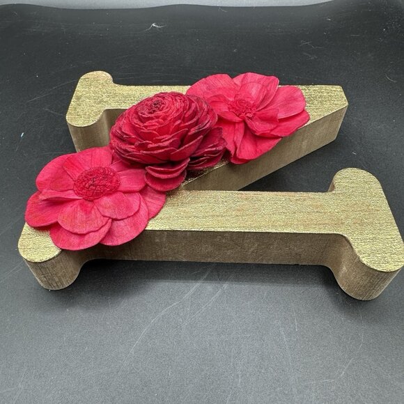 Wooden Initial Letter N Gold Red Sola Wood Flowers 6" Free Standing Monogram - Picture 5 of 10